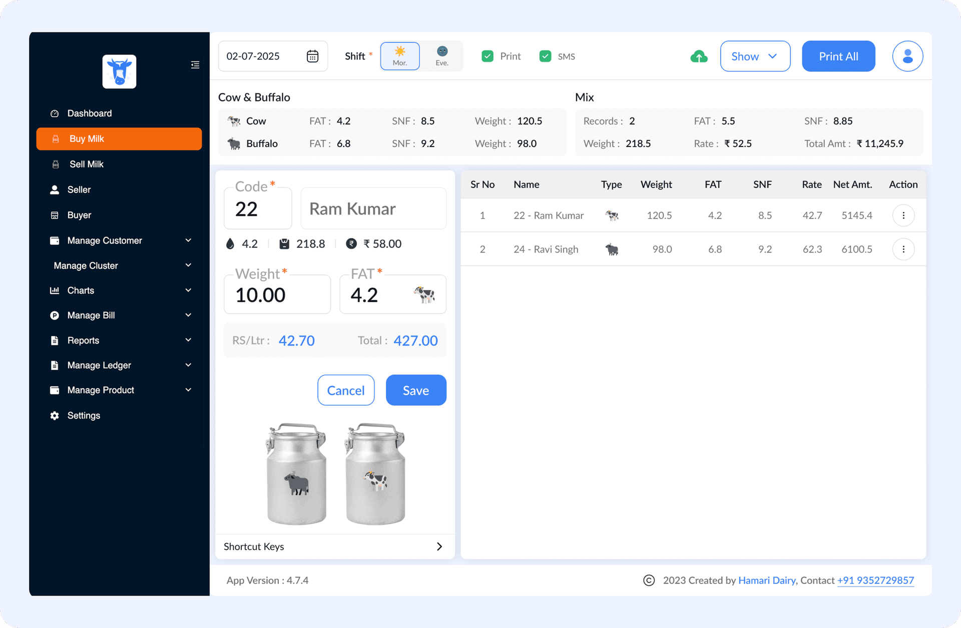 Dairy Software Dashboard