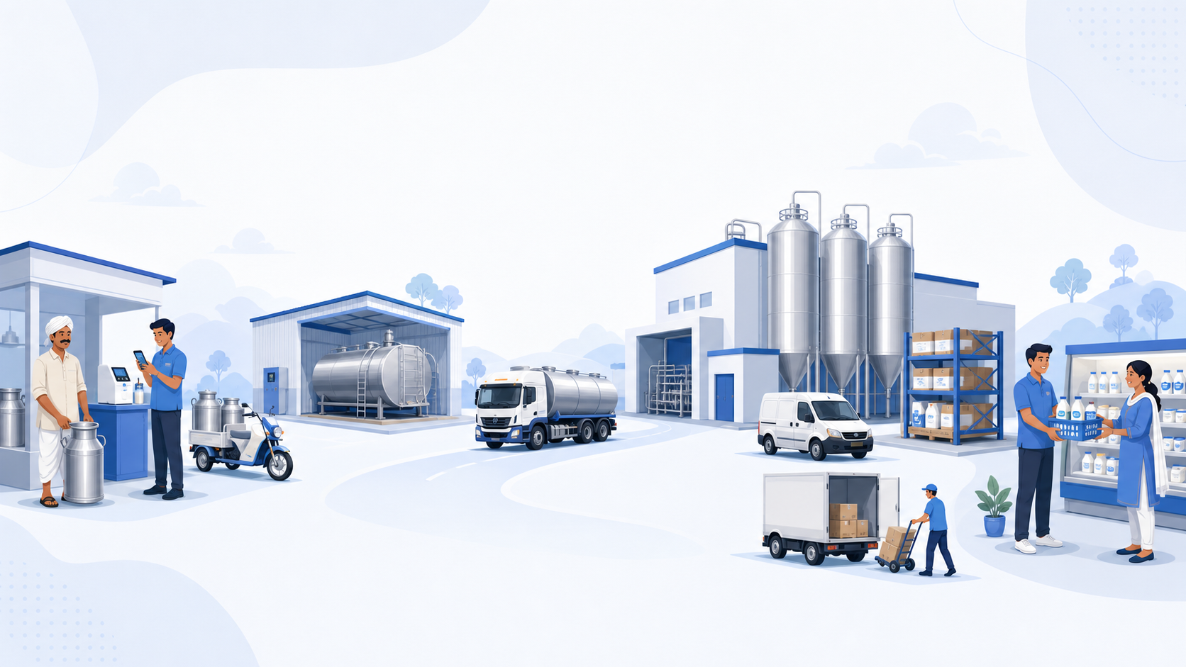 Illustration of farmer collection, dairy processing, inventory and product delivery